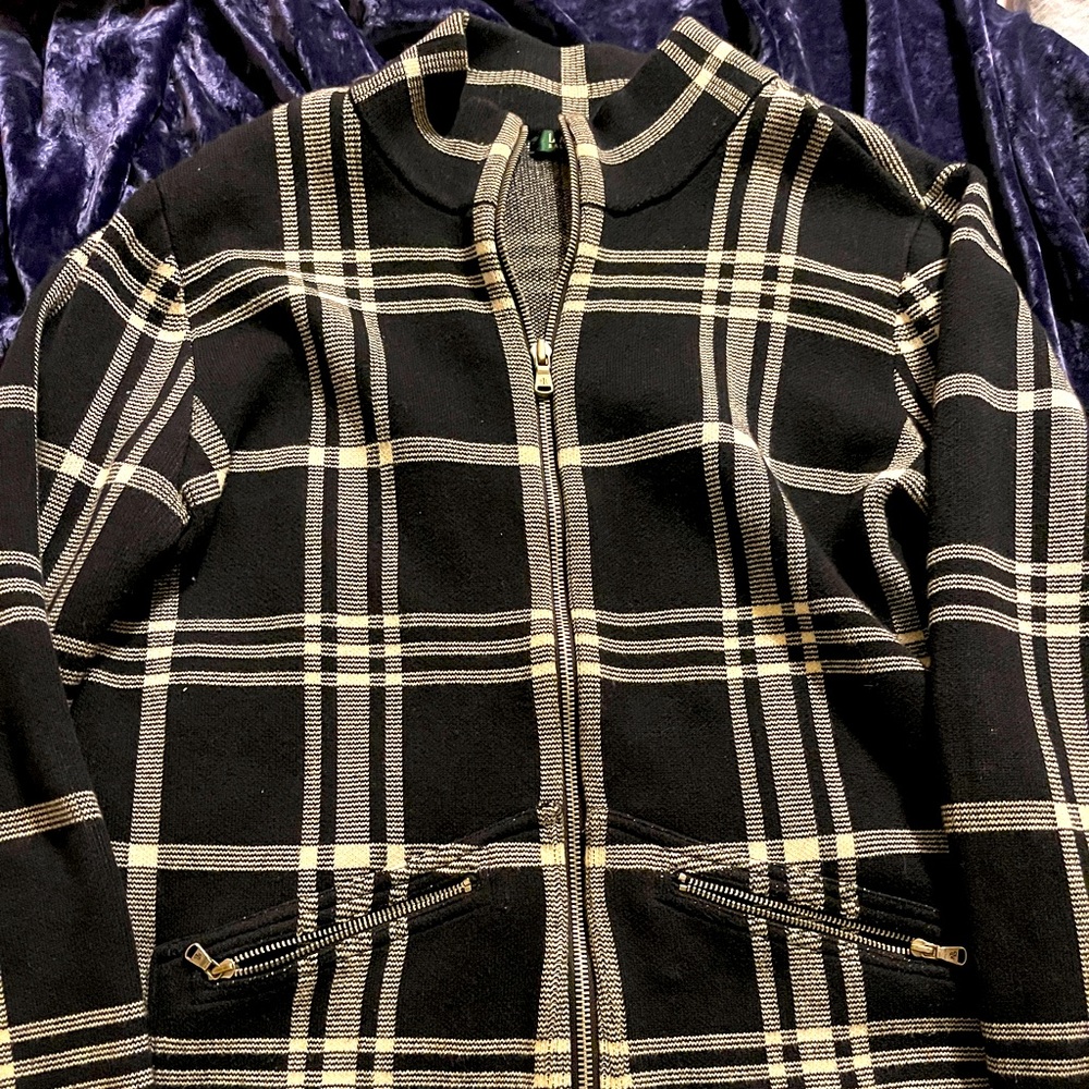 Ralph Lauren large zip up jacket black & white plaid pattern excellent condition